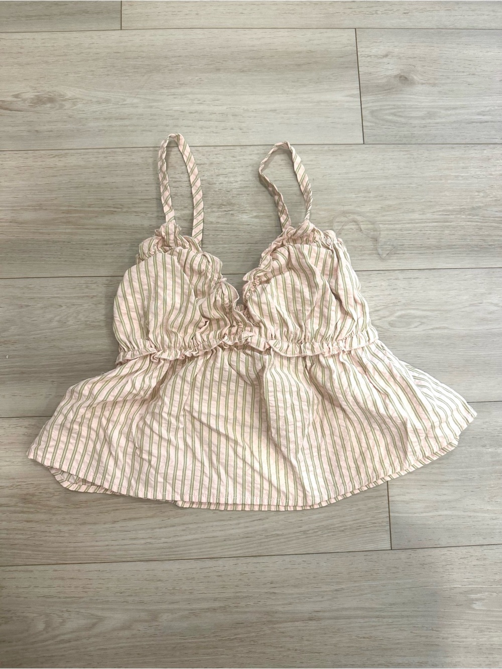 Pink and Green Striped Ruffled Tank Top